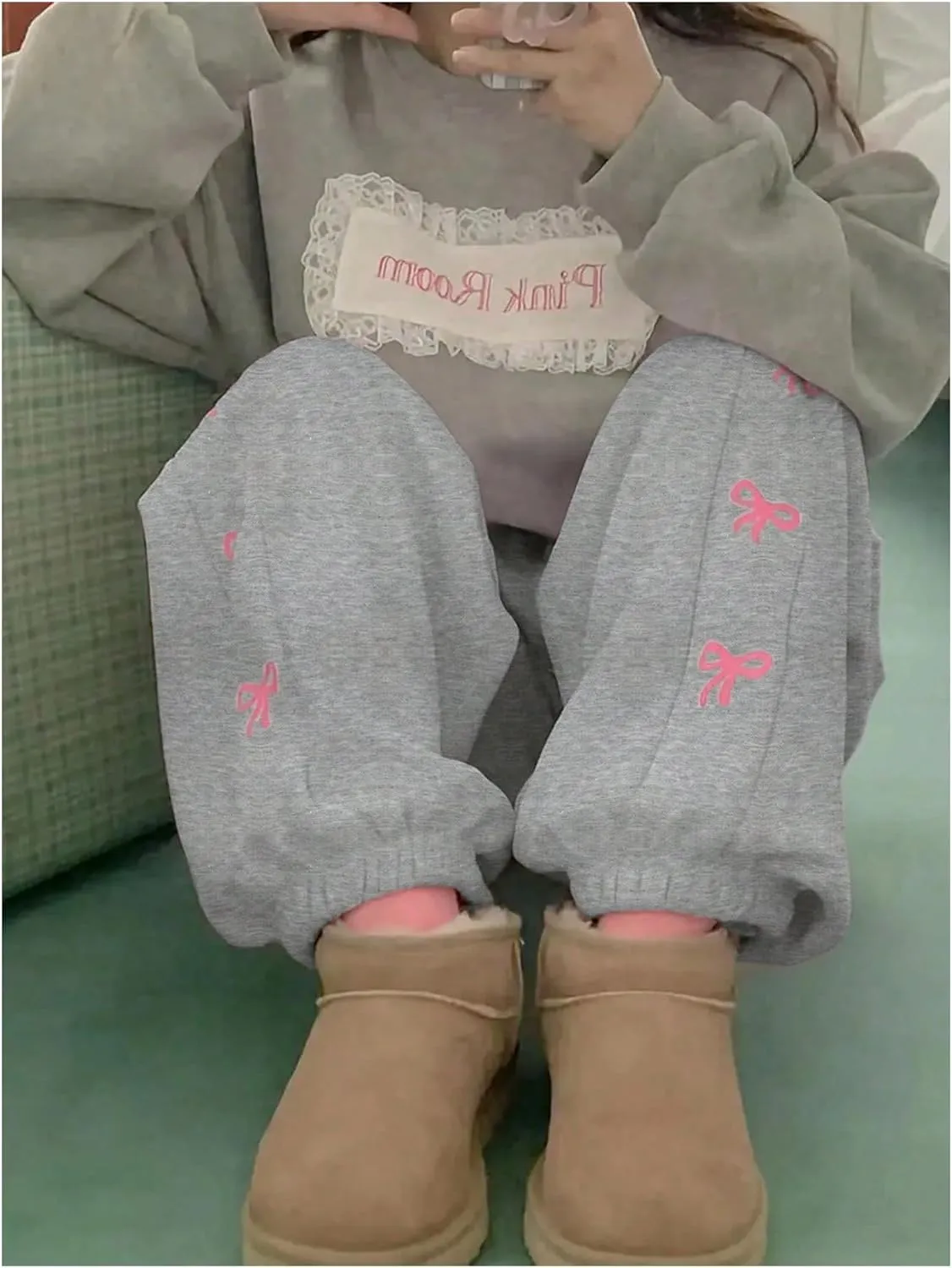 MakeMeChic Women's Bow Print Elastic Waist Drawstring Sweatpants Pocket Baggy Y2K Jogger Pants