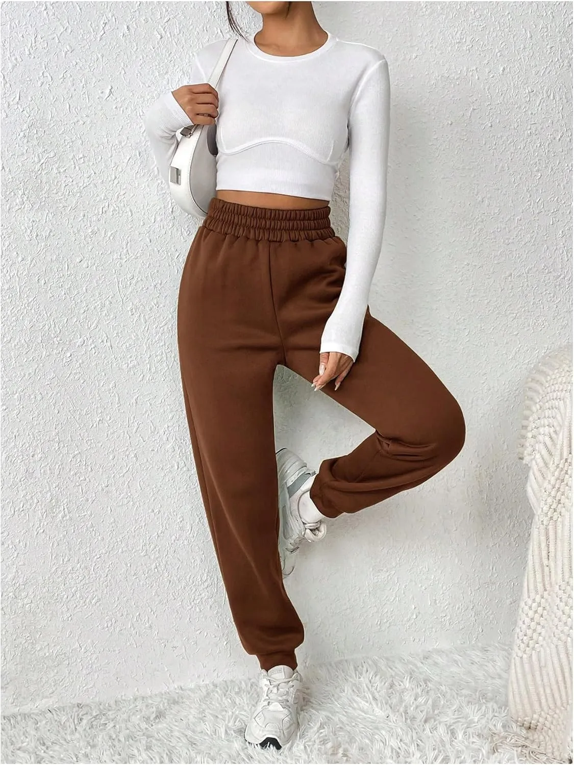 MakeMeChic Women's Elastic Waisted Plain Sweatpants Tapered Athletic Jogger Pants