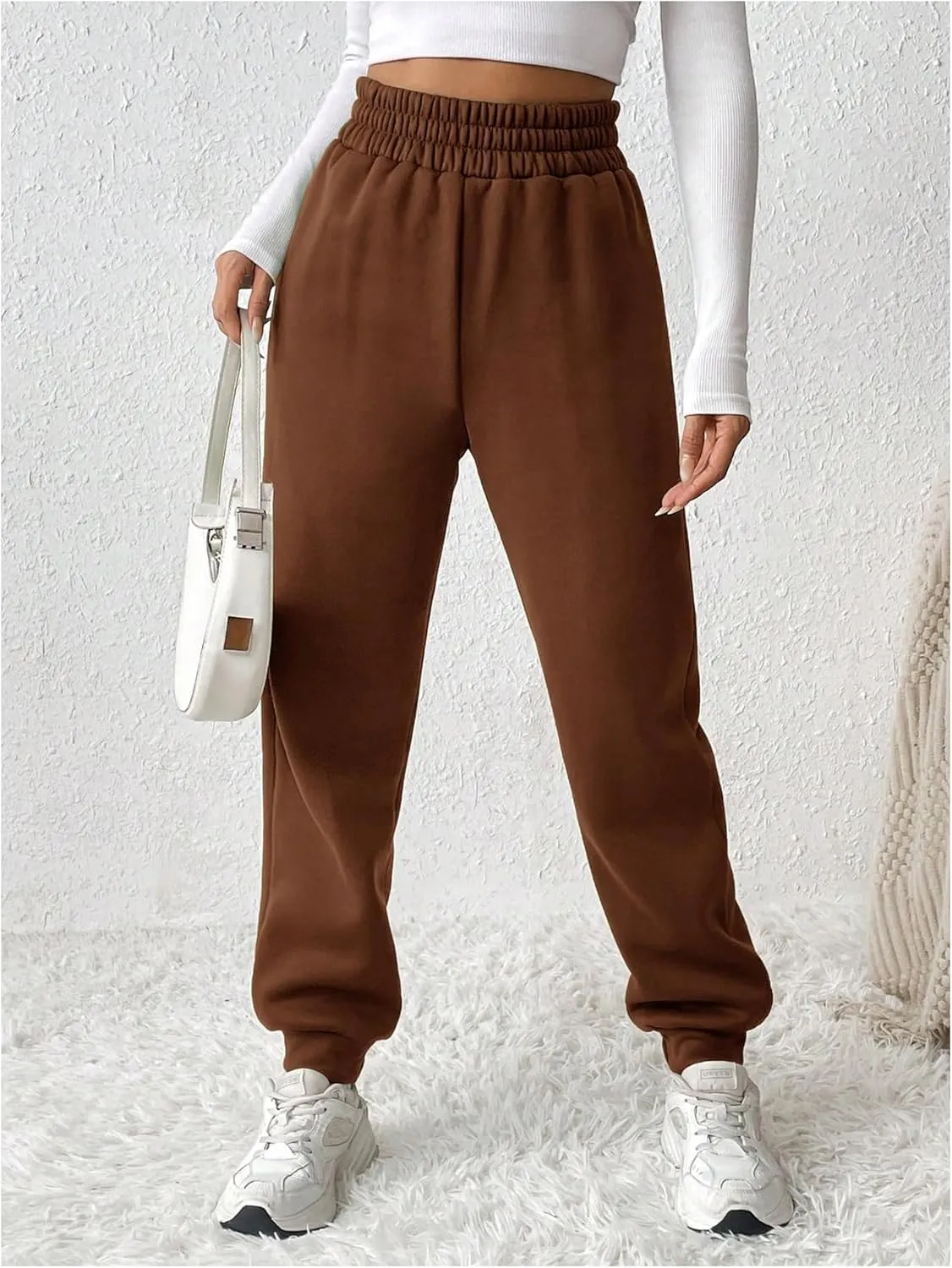 MakeMeChic Women's Elastic Waisted Plain Sweatpants Tapered Athletic Jogger Pants