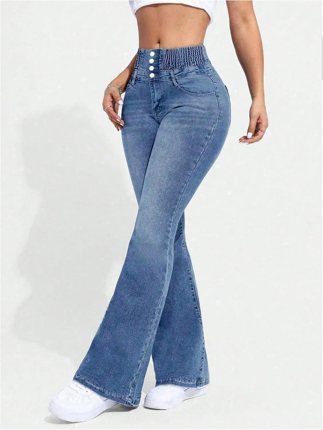 MakeMeChic Women's High Waisted Flare Jeans Y2K Denim Pants Bell Bottom Shirred Skinny Trousers with Pocket