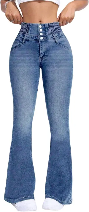 MakeMeChic Women's High Waisted Flare Jeans Y2K Denim Pants Bell Bottom Shirred Skinny Trousers with Pocket