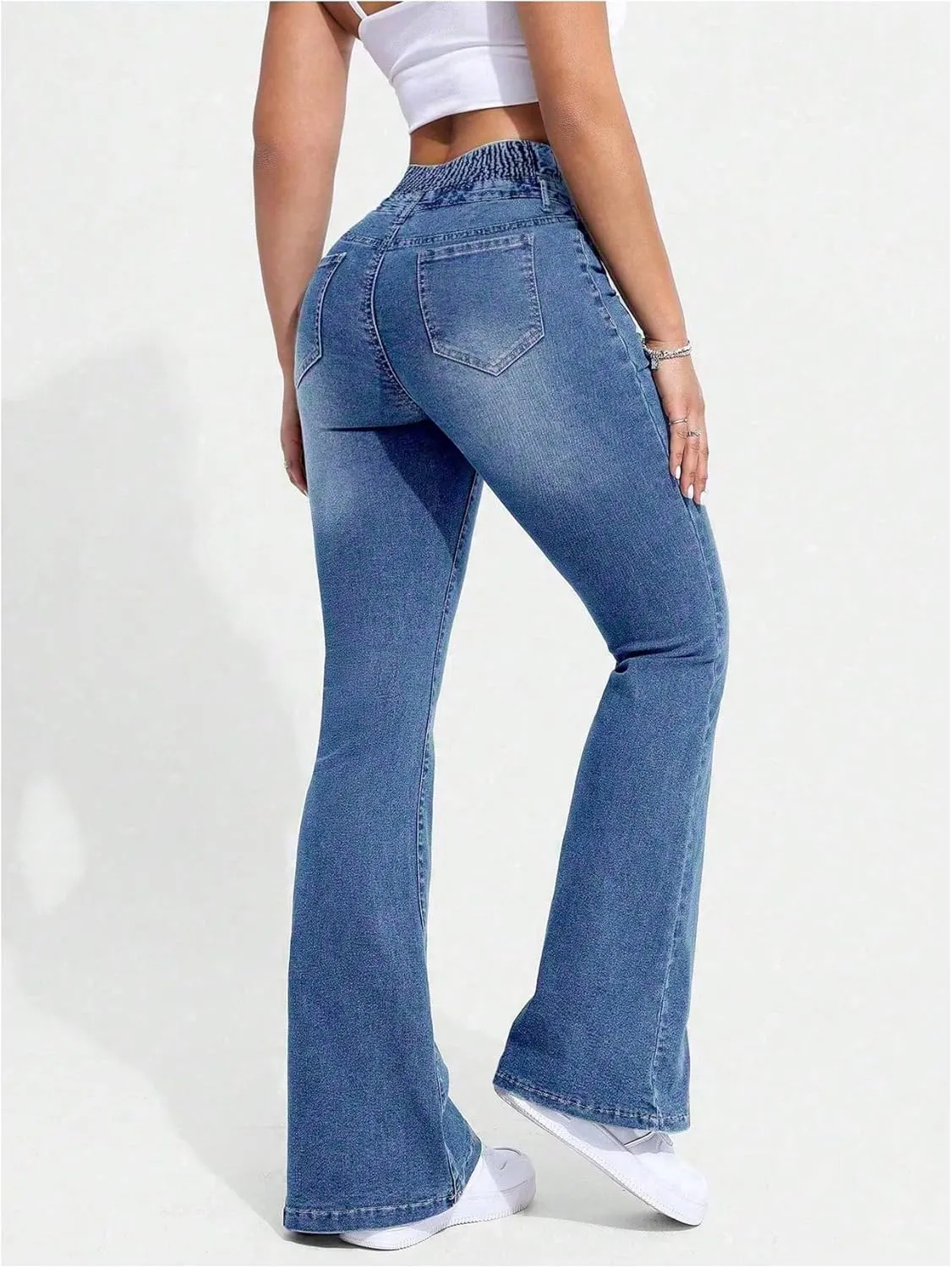 MakeMeChic Women's High Waisted Flare Jeans Y2K Denim Pants Bell Bottom Shirred Skinny Trousers with Pocket