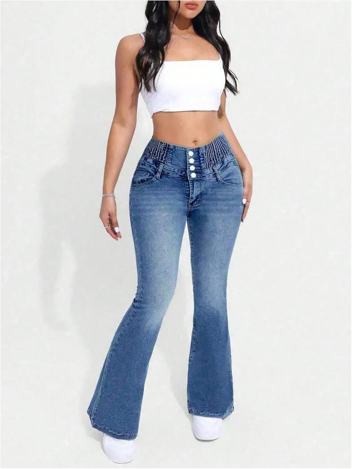 MakeMeChic Women's High Waisted Flare Jeans Y2K Denim Pants Bell Bottom Shirred Skinny Trousers with Pocket