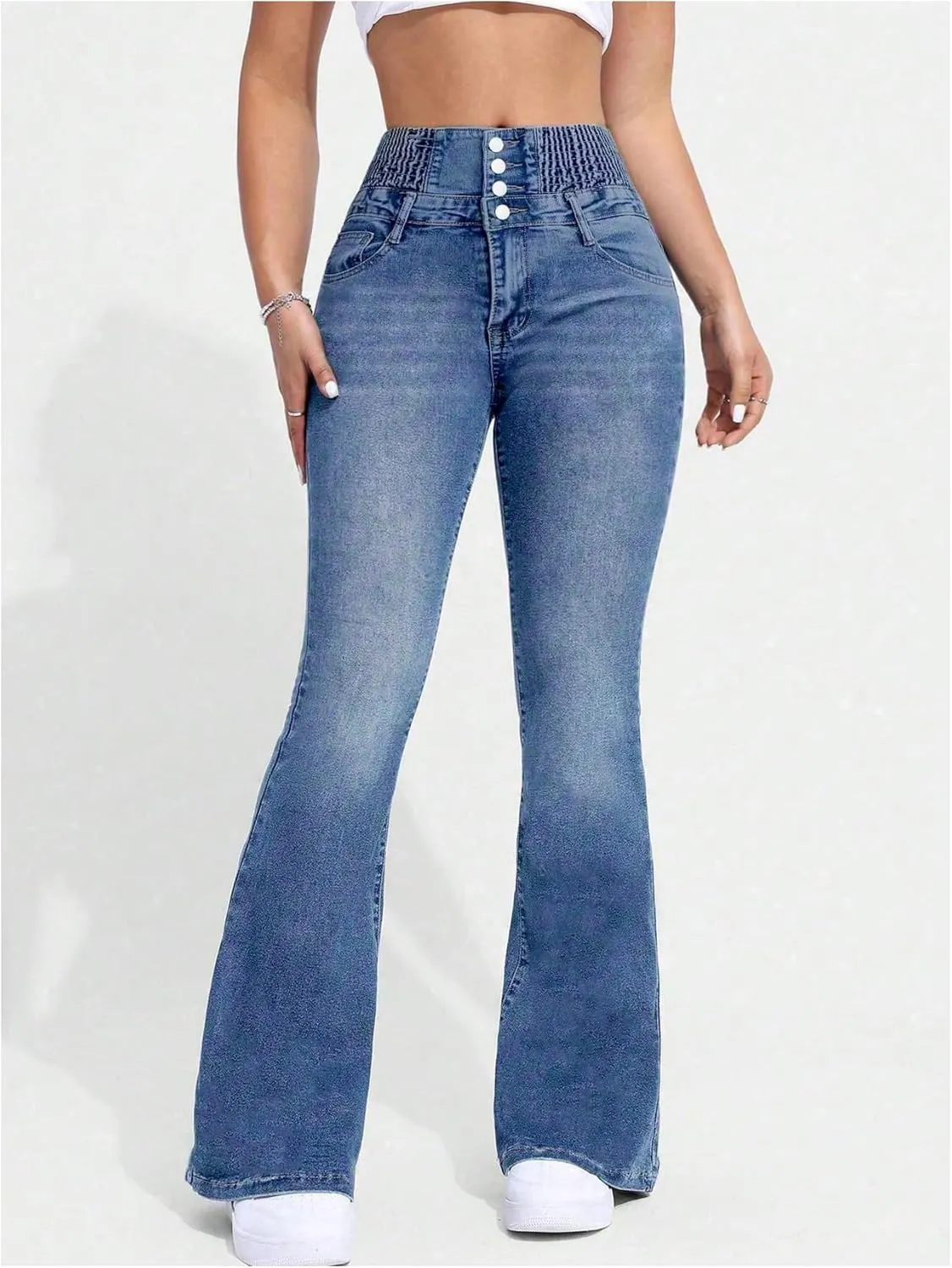 MakeMeChic Women's High Waisted Flare Jeans Y2K Denim Pants Bell Bottom Shirred Skinny Trousers with Pocket