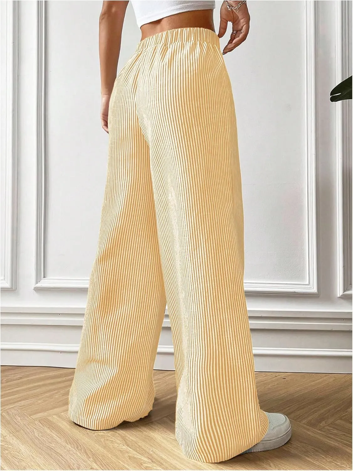 MakeMeChic Women's Striped Pants Elastic Waist Wide Leg Straight Summer Trousers