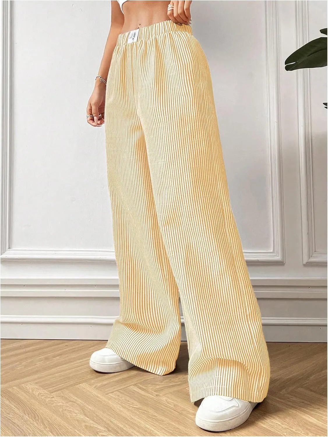MakeMeChic Women's Striped Pants Elastic Waist Wide Leg Straight Summer Trousers