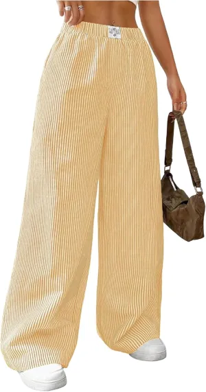 MakeMeChic Women's Striped Pants Elastic Waist Wide Leg Straight Summer Trousers