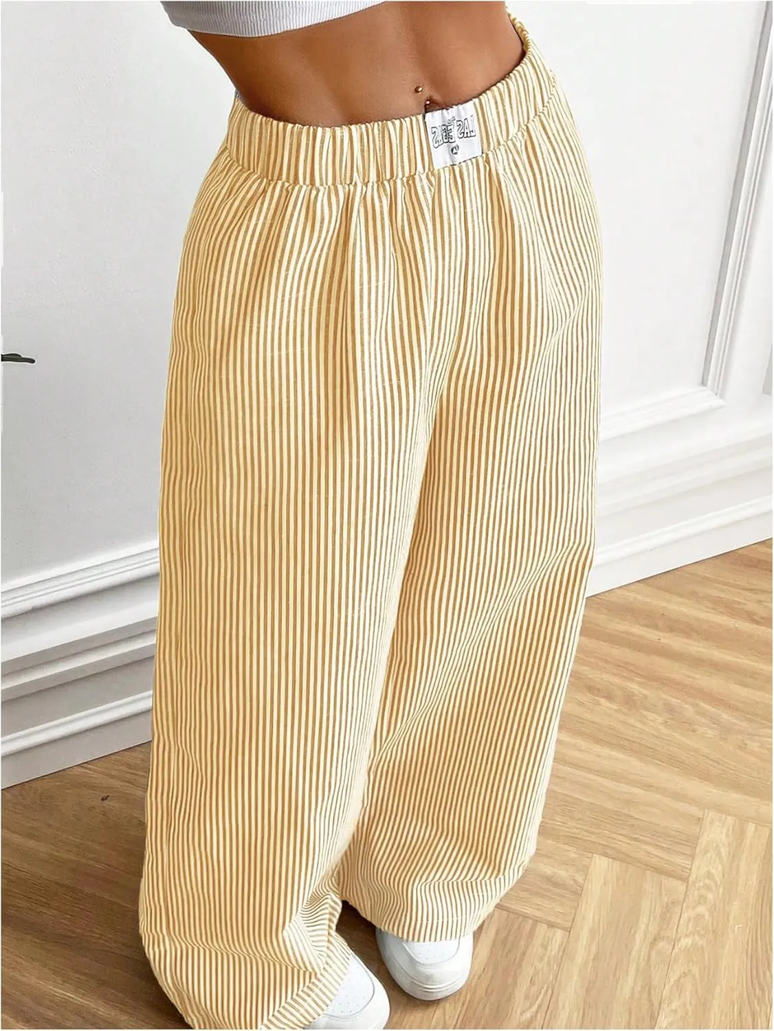 MakeMeChic Women's Striped Pants Elastic Waist Wide Leg Straight Summer Trousers