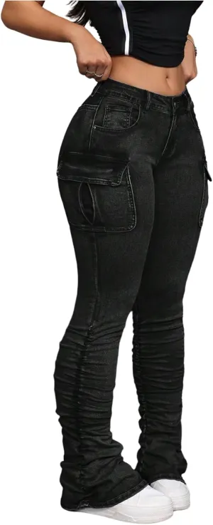 MakeMeChic Women's Vintage Denim Pants Ruched Skinny Y2K Cargo Jeans with Pockets