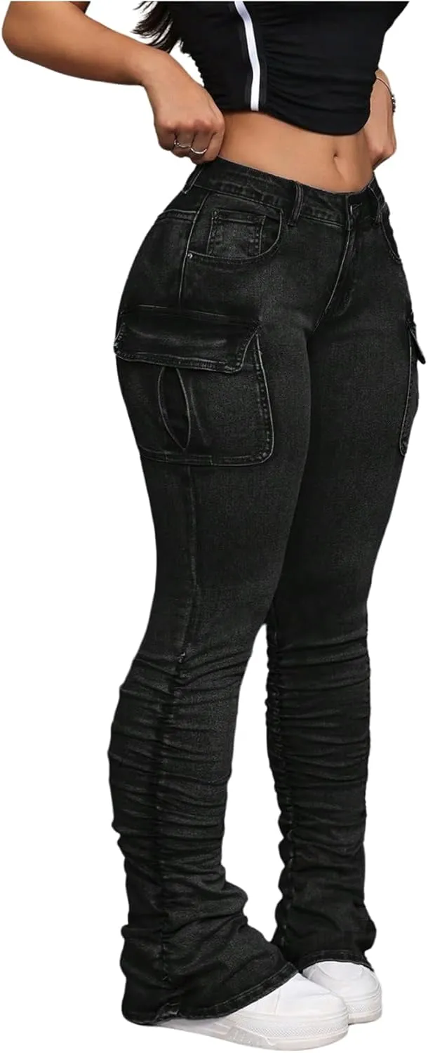 MakeMeChic Women's Vintage Denim Pants Ruched Skinny Y2K Cargo Jeans with Pockets