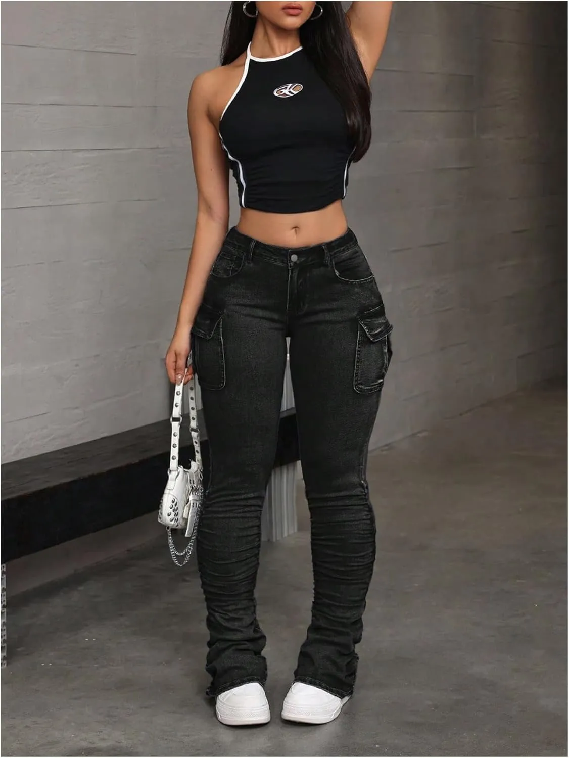 MakeMeChic Women's Vintage Denim Pants Ruched Skinny Y2K Cargo Jeans with Pockets