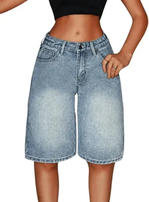 MakeMeChic Women's Y2k Straight Leg Denim Shorts High Waisted Zip Up Knee Length Vintage Casual Jean Shorts