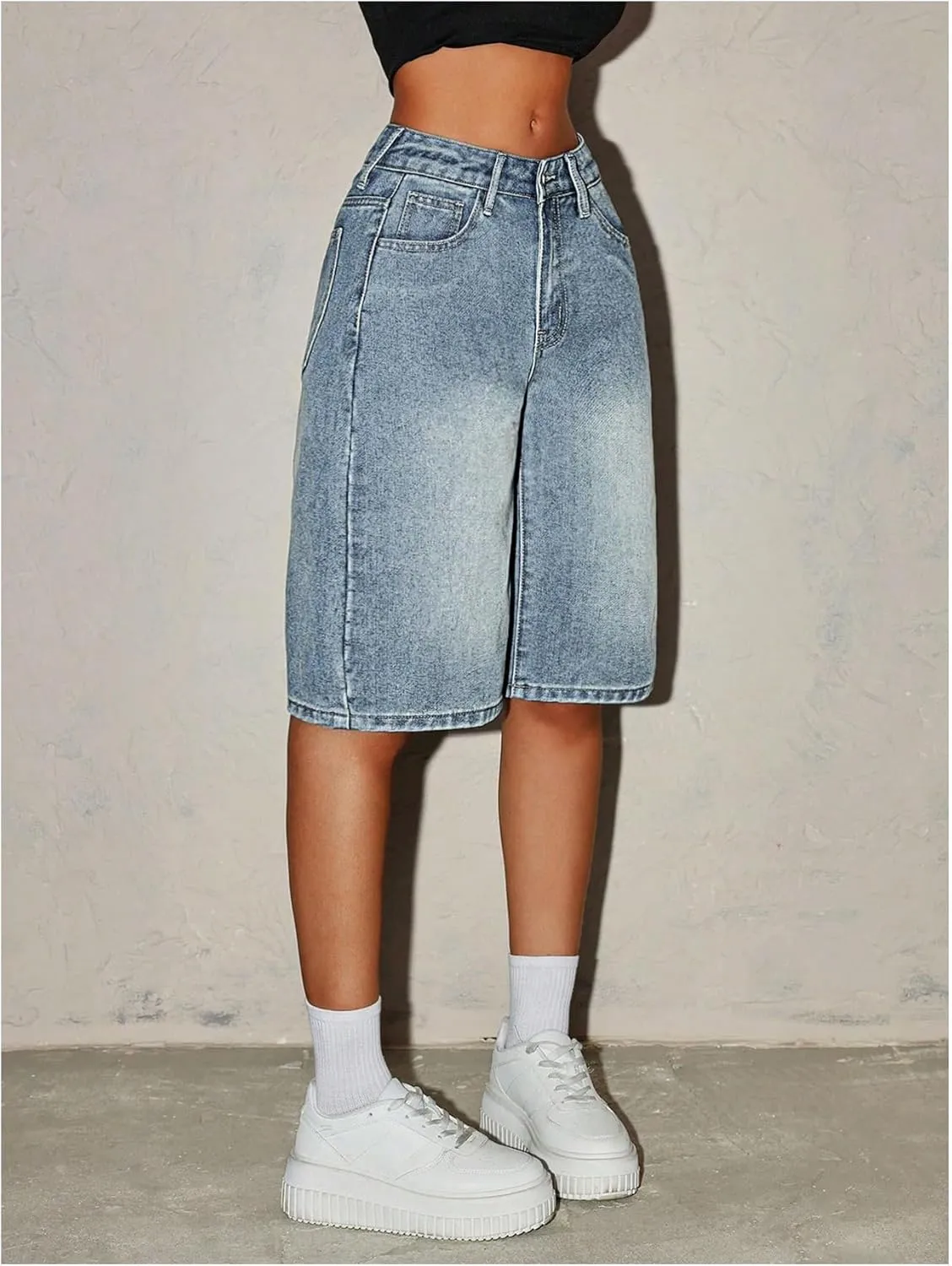 MakeMeChic Women's Y2k Straight Leg Denim Shorts High Waisted Zip Up Knee Length Vintage Casual Jean Shorts