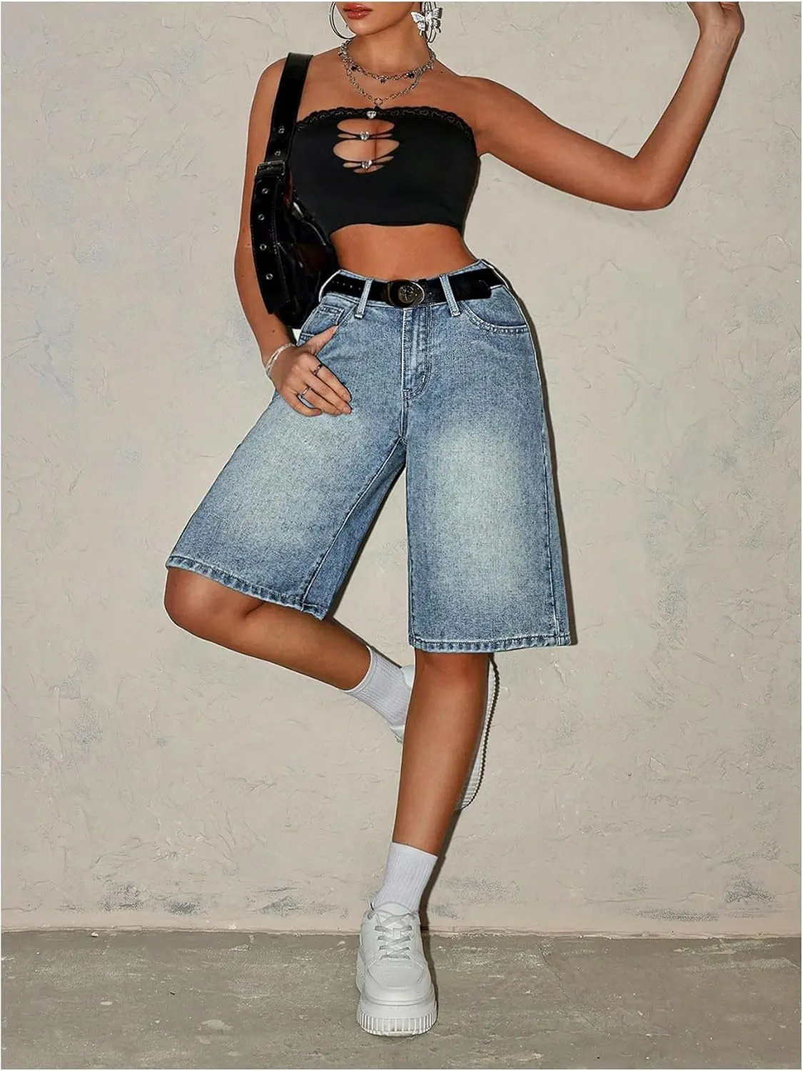 MakeMeChic Women's Y2k Straight Leg Denim Shorts High Waisted Zip Up Knee Length Vintage Casual Jean Shorts