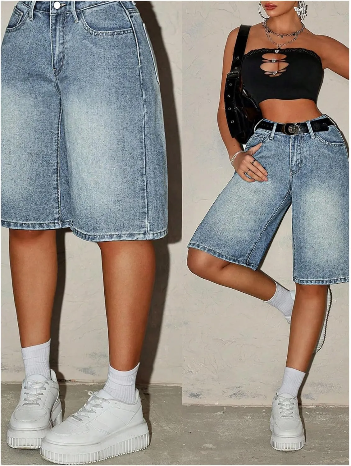 MakeMeChic Women's Y2k Straight Leg Denim Shorts High Waisted Zip Up Knee Length Vintage Casual Jean Shorts