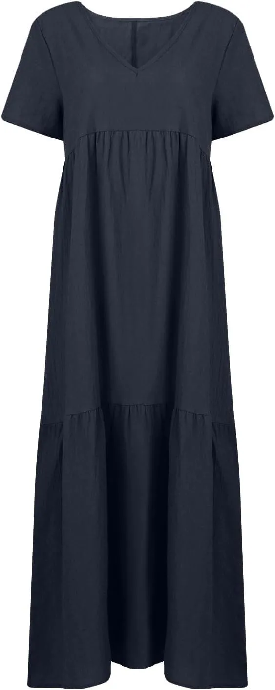 Maxi Dresses for Women 2025 Plus Size Short Sleeve V Neck Summer Boho Linen Dress Lightweight Flowy Vacation Beach Dress