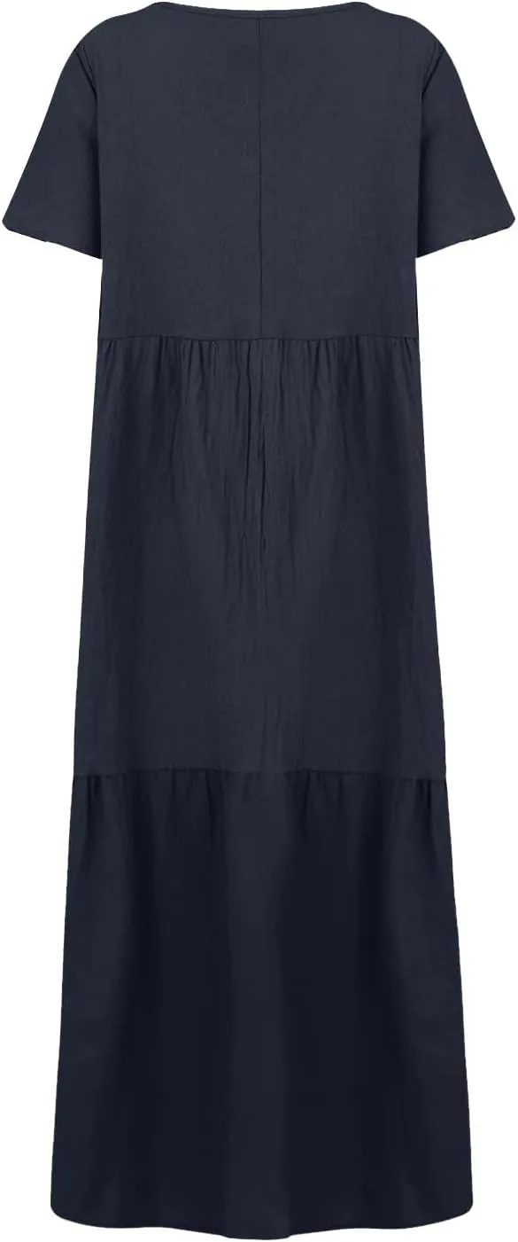 Maxi Dresses for Women 2025 Plus Size Short Sleeve V Neck Summer Boho Linen Dress Lightweight Flowy Vacation Beach Dress