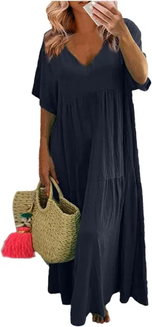 Maxi Dresses for Women 2025 Plus Size Short Sleeve V Neck Summer Boho Linen Dress Lightweight Flowy Vacation Beach Dress