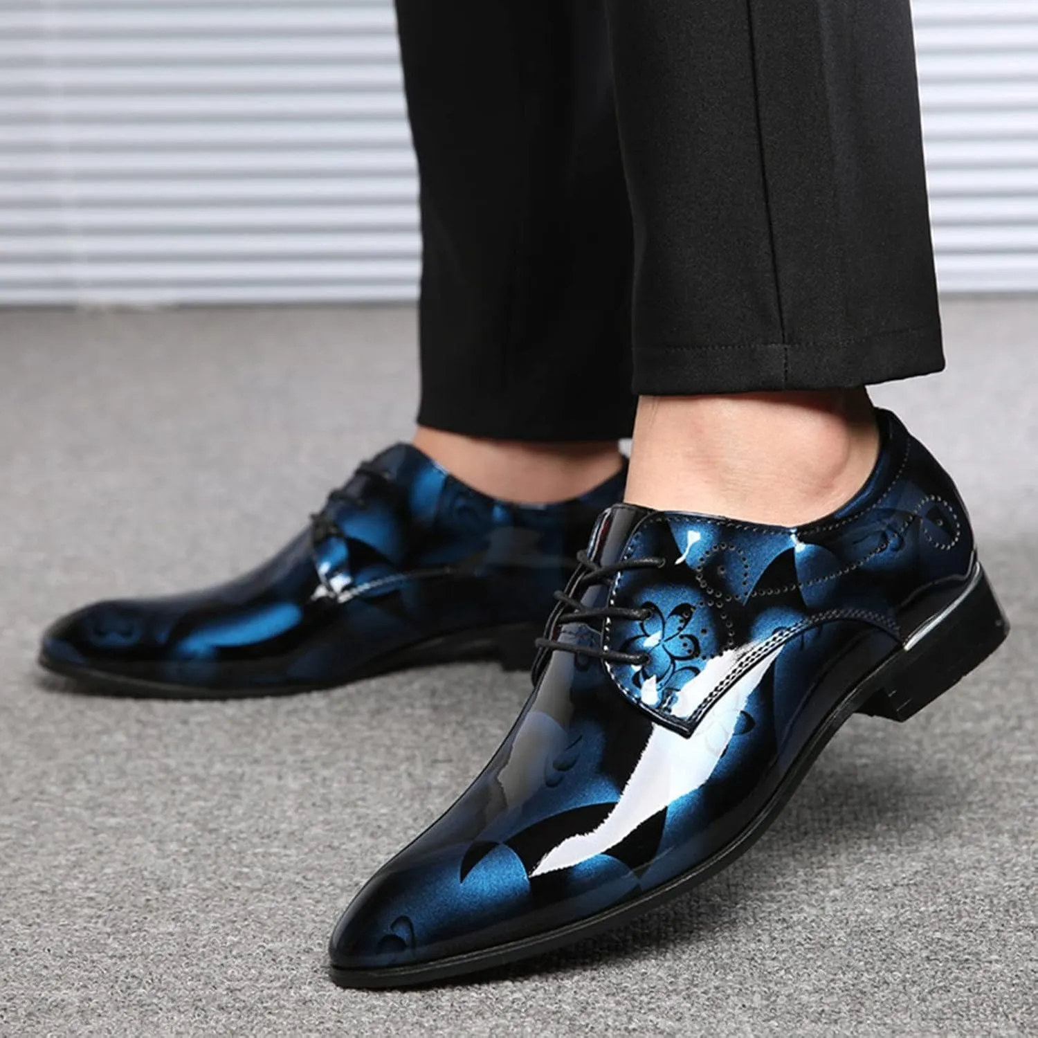 Men Fashion Dress Business Shoe Pointed Toe Floral Print Leather Lace Up Oxford Sneaker Low Heel Slip On Walking Shoes