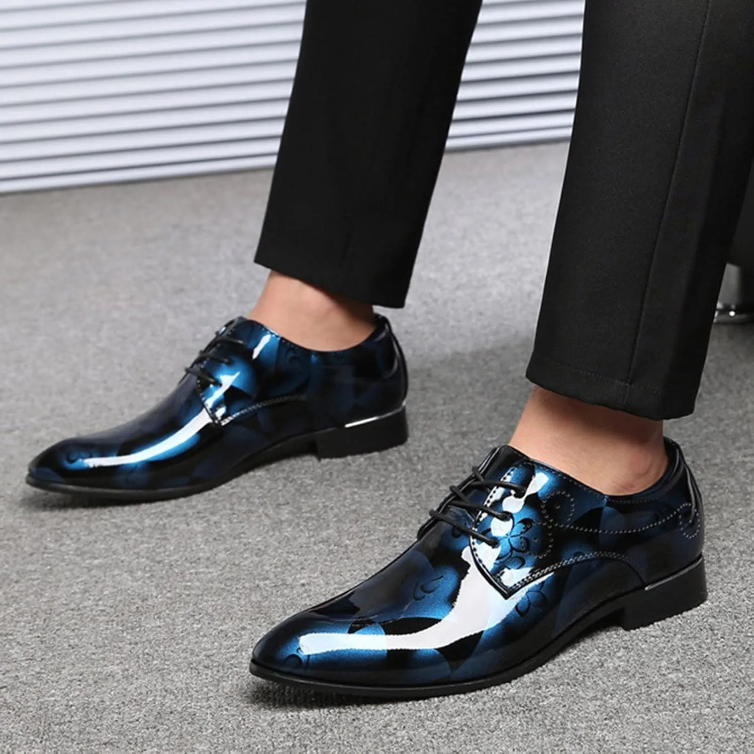 Men Fashion Dress Business Shoe Pointed Toe Floral Print Leather Lace Up Oxford Sneaker Low Heel Slip On Walking Shoes
