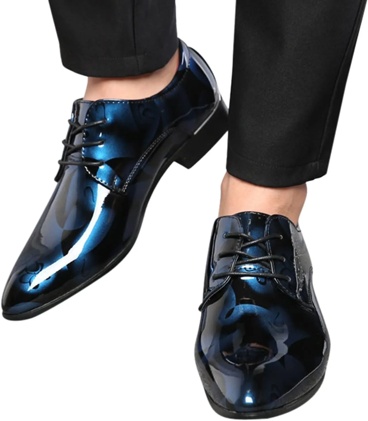 Men Fashion Dress Business Shoe Pointed Toe Floral Print Leather Lace Up Oxford Sneaker Low Heel Slip On Walking Shoes