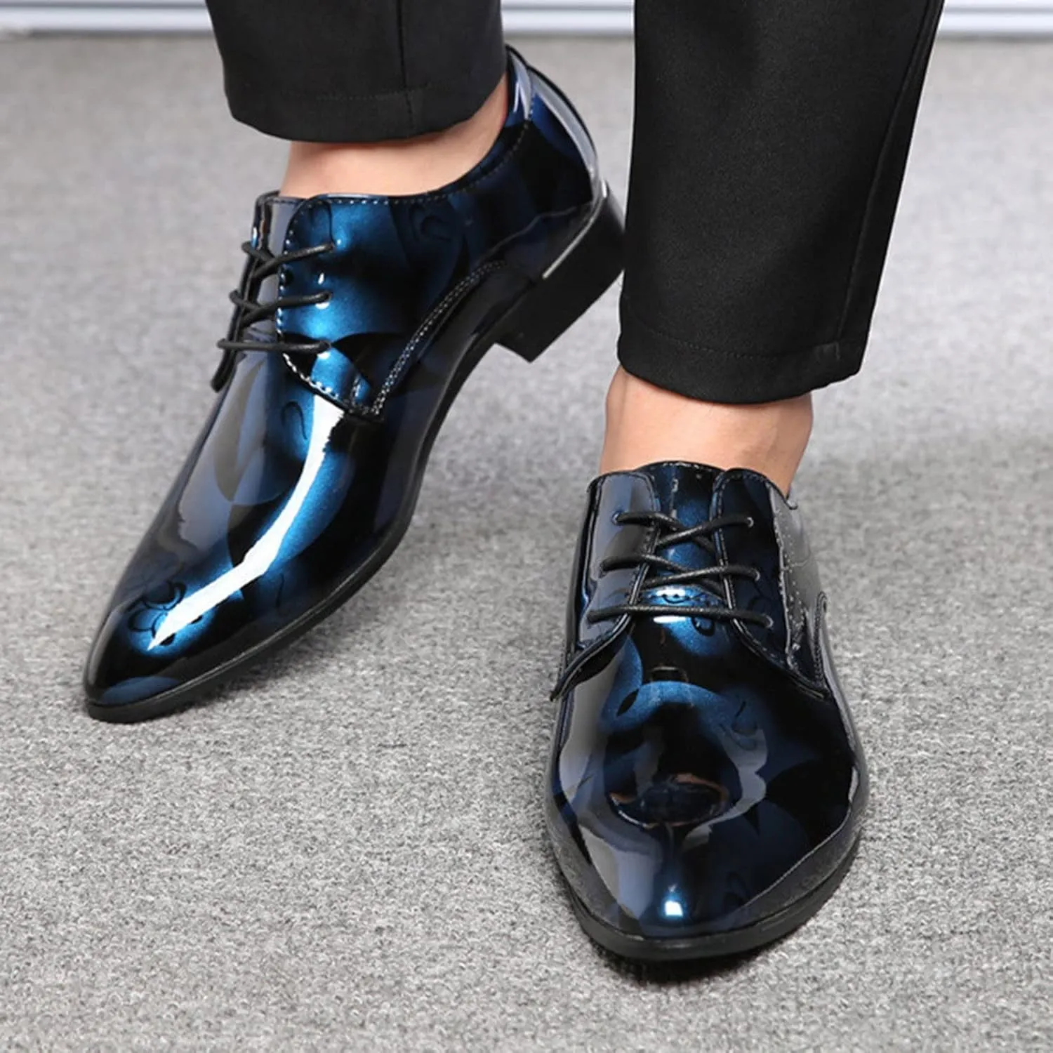 Men Fashion Dress Business Shoe Pointed Toe Floral Print Leather Lace Up Oxford Sneaker Low Heel Slip On Walking Shoes