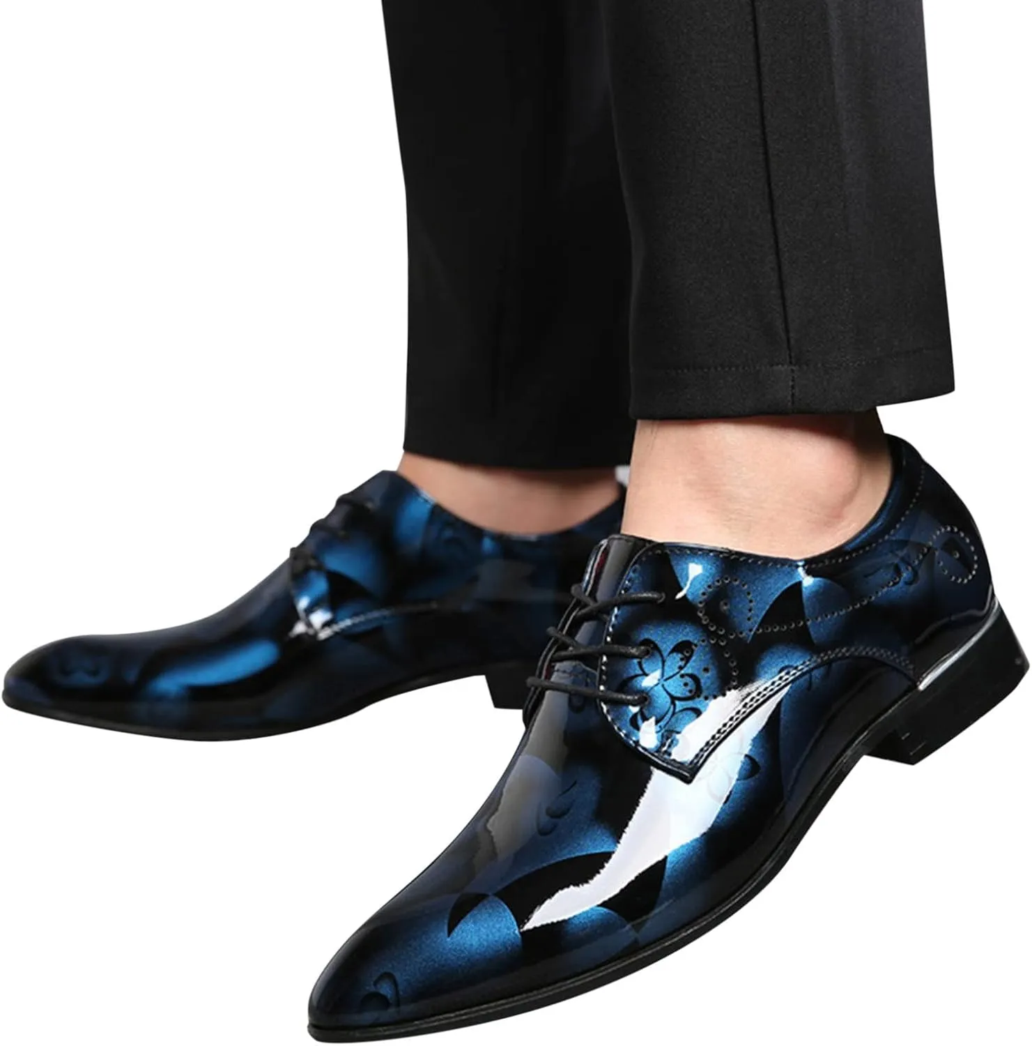 Men Fashion Dress Business Shoe Pointed Toe Floral Print Leather Lace Up Oxford Sneaker Low Heel Slip On Walking Shoes