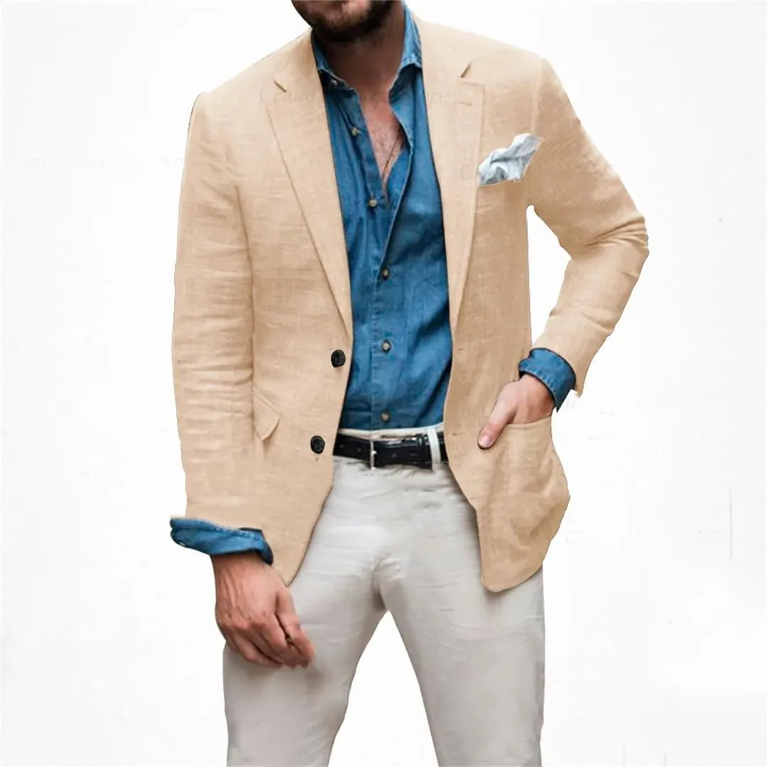 Men Linen Blazer Slim Fit Classic Summer Beach Prom Wedding Suit Jacket Business Thin Coat