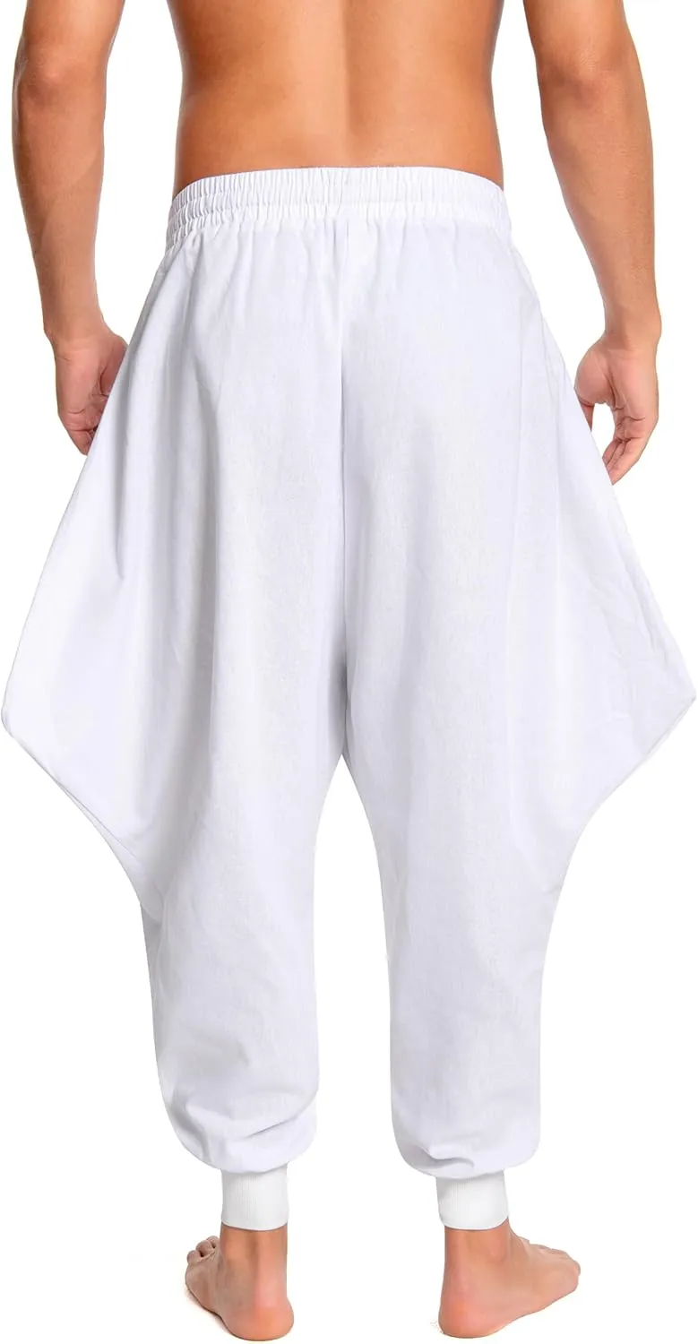 Men's Aladdin Hippie Harem Pants Loose Cotton Linen Drop Crotch Trousers Casual Baggy Elastic Waist Yoga Pants