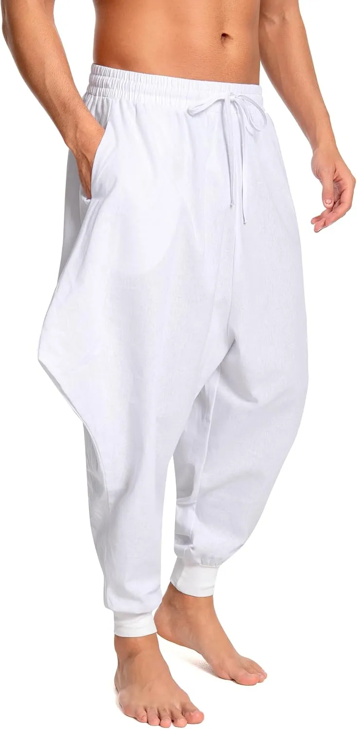 Men's Aladdin Hippie Harem Pants Loose Cotton Linen Drop Crotch Trousers Casual Baggy Elastic Waist Yoga Pants