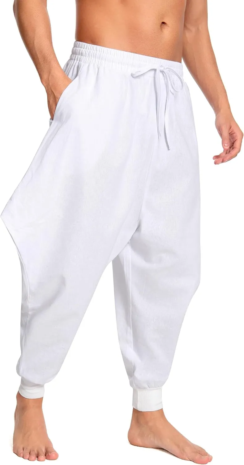 Men's Aladdin Hippie Harem Pants Loose Cotton Linen Drop Crotch Trousers Casual Baggy Elastic Waist Yoga Pants