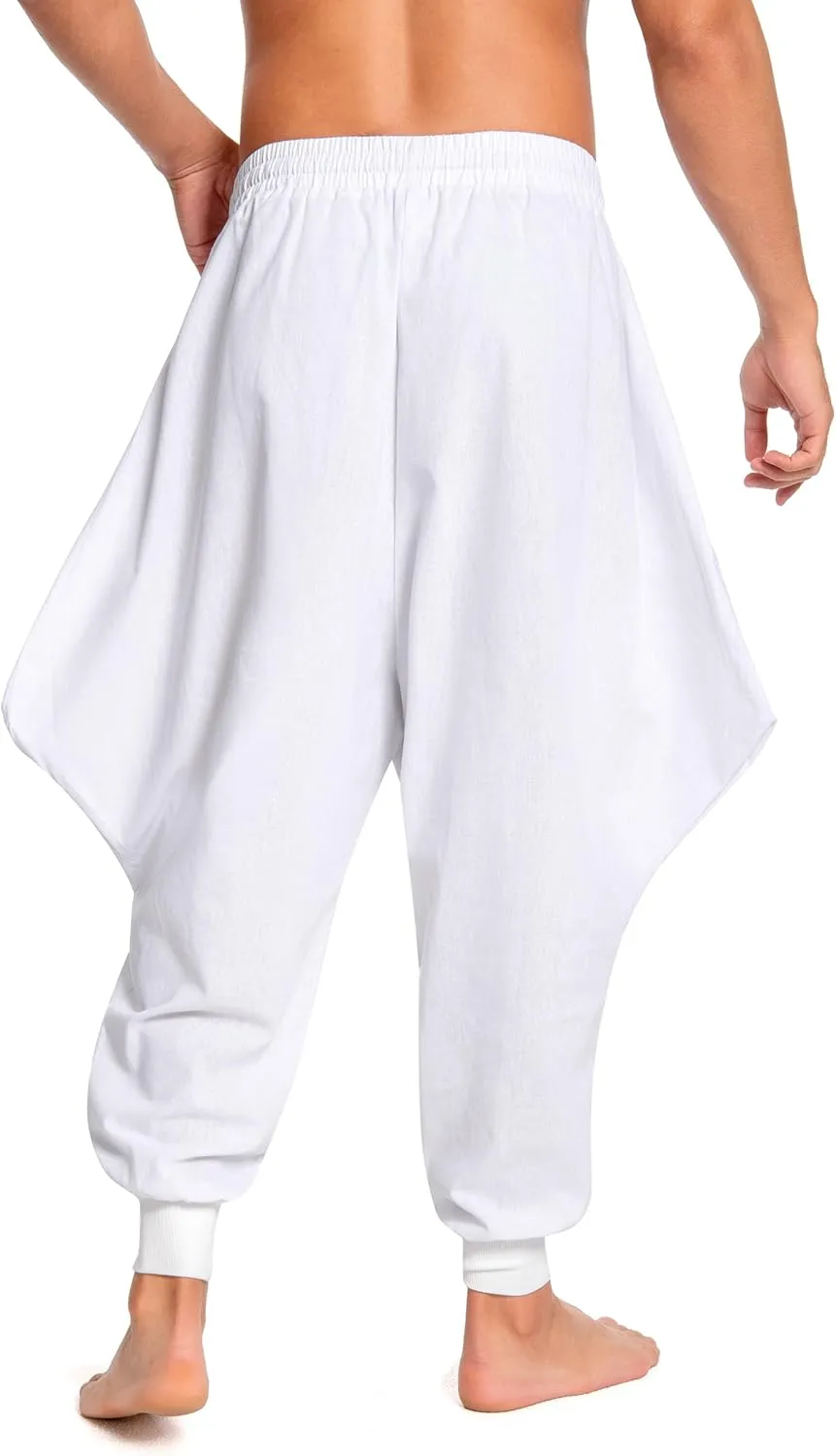 Men's Aladdin Hippie Harem Pants Loose Cotton Linen Drop Crotch Trousers Casual Baggy Elastic Waist Yoga Pants