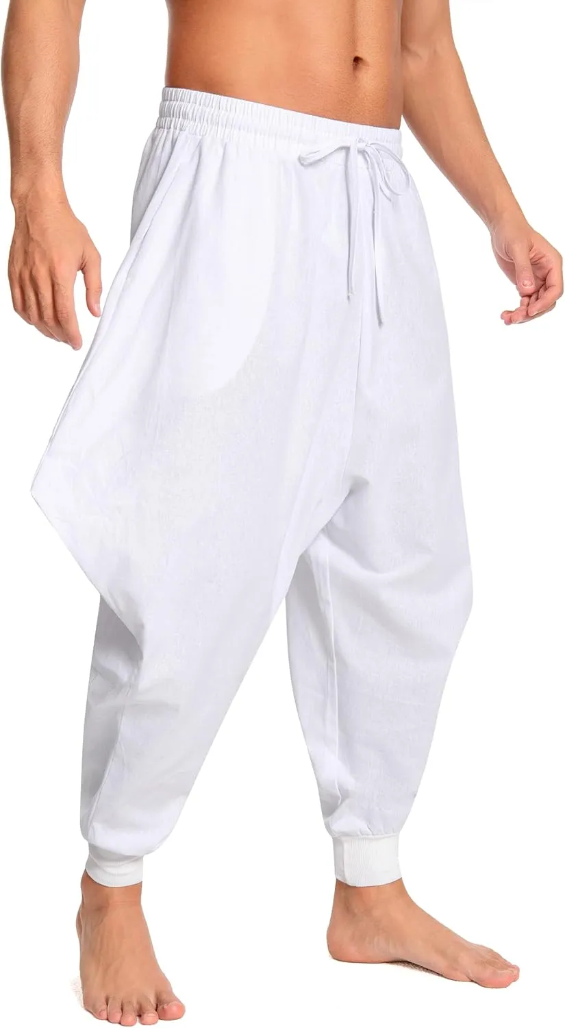 Men's Aladdin Hippie Harem Pants Loose Cotton Linen Drop Crotch Trousers Casual Baggy Elastic Waist Yoga Pants