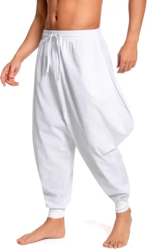 Men's Aladdin Hippie Harem Pants Loose Cotton Linen Drop Crotch Trousers Casual Baggy Elastic Waist Yoga Pants