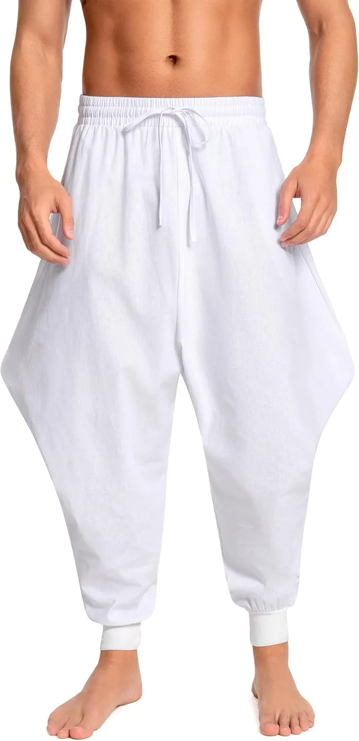 Men's Aladdin Hippie Harem Pants Loose Cotton Linen Drop Crotch Trousers Casual Baggy Elastic Waist Yoga Pants