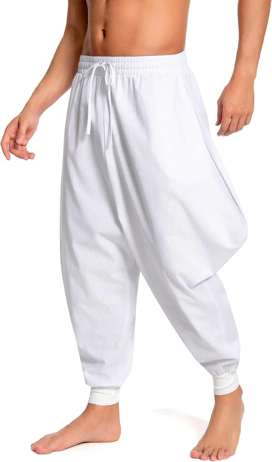 Men's Aladdin Hippie Harem Pants Loose Cotton Linen Drop Crotch Trousers Casual Baggy Elastic Waist Yoga Pants