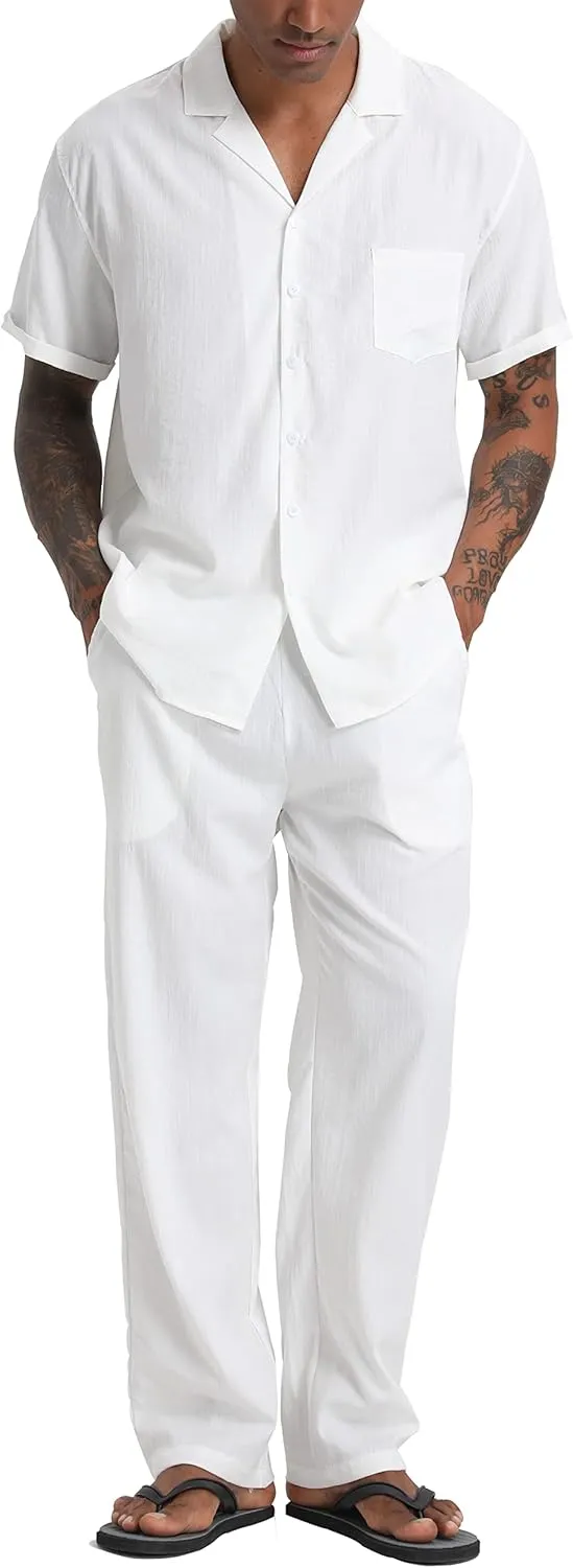 Men's Beach Clothes 2 Piece Outfits Sets Casual Short Sleeve Button Down Shirt Yoga Pants Vacation Suit Summer linen