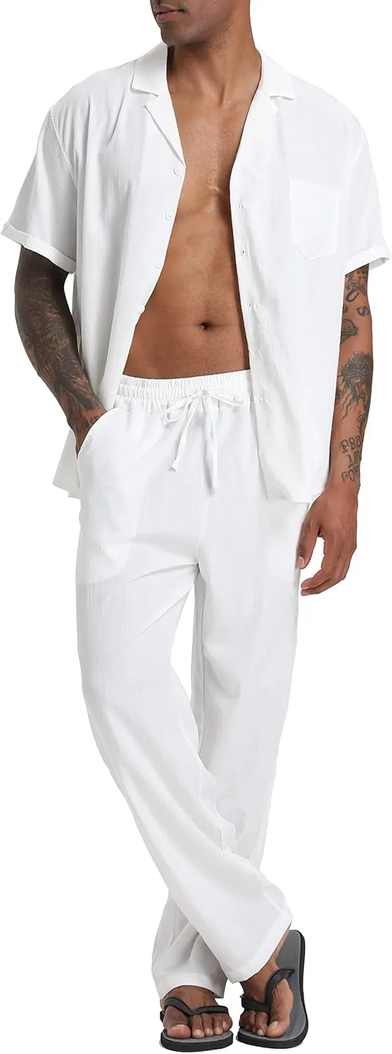Men's Beach Clothes 2 Piece Outfits Sets Casual Short Sleeve Button Down Shirt Yoga Pants Vacation Suit Summer linen