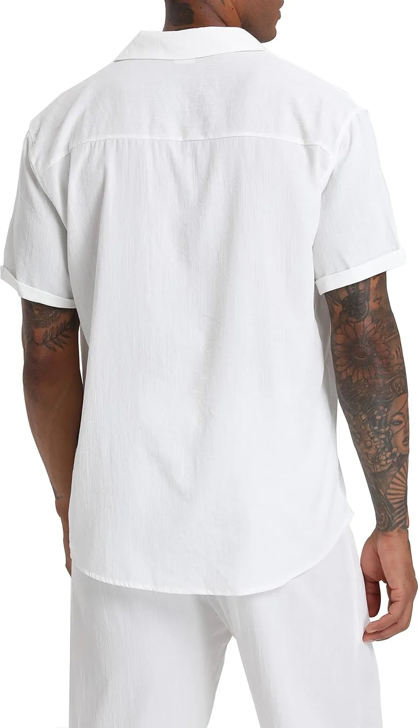 Men's Beach Clothes 2 Piece Outfits Sets Casual Short Sleeve Button Down Shirt Yoga Pants Vacation Suit Summer linen