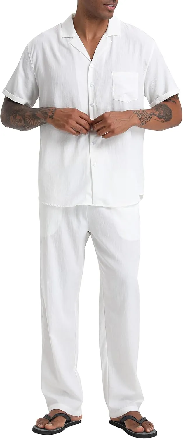 Men's Beach Clothes 2 Piece Outfits Sets Casual Short Sleeve Button Down Shirt Yoga Pants Vacation Suit Summer linen