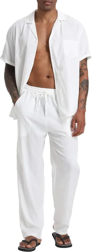 Men's Beach Clothes 2 Piece Outfits Sets Casual Short Sleeve Button Down Shirt Yoga Pants Vacation Suit Summer linen