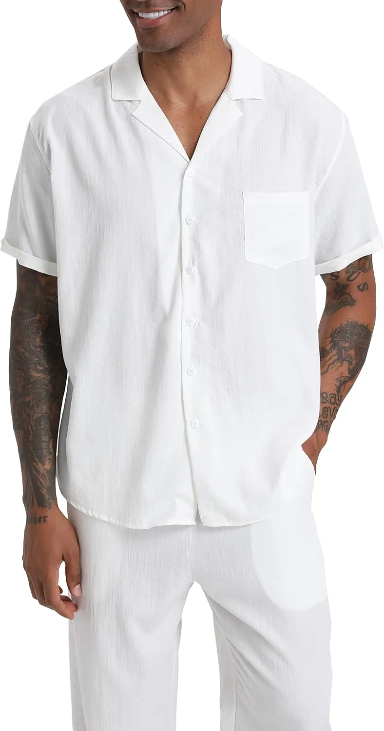 Men's Beach Clothes 2 Piece Outfits Sets Casual Short Sleeve Button Down Shirt Yoga Pants Vacation Suit Summer linen