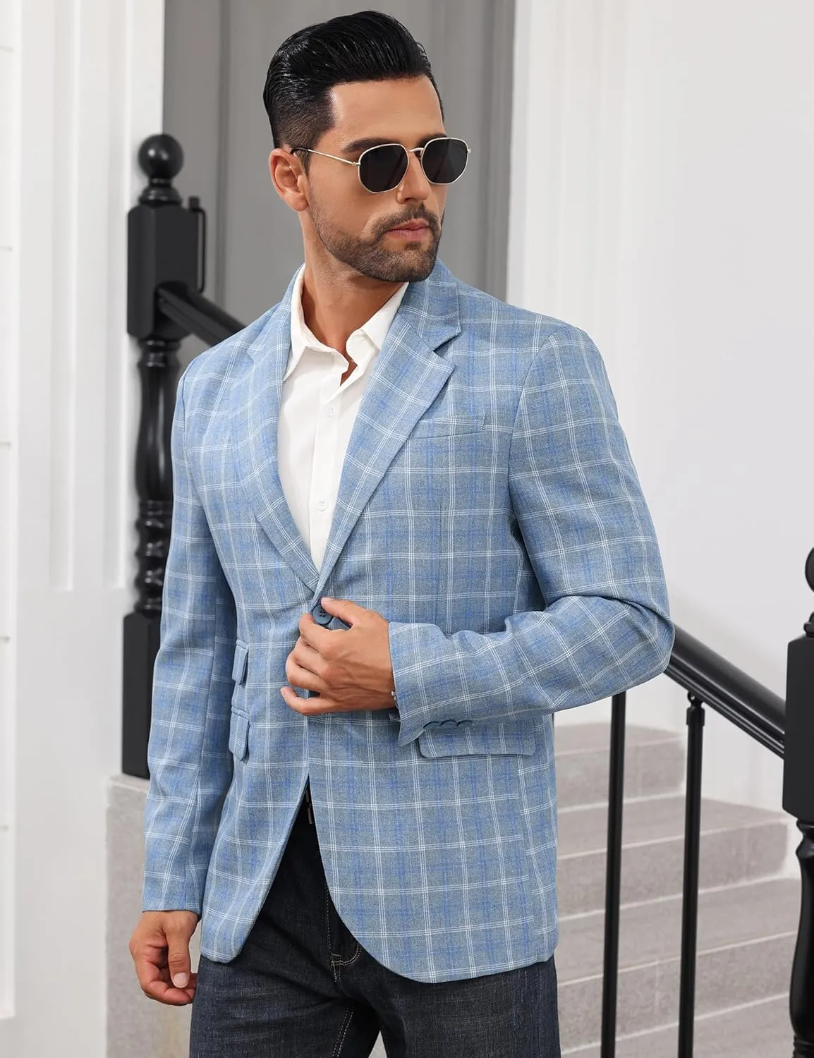Mens Casual Blazer Suit Jacket Slim Fit Two Button Plaid Blazer Lightweight Sports Jacket for Daily