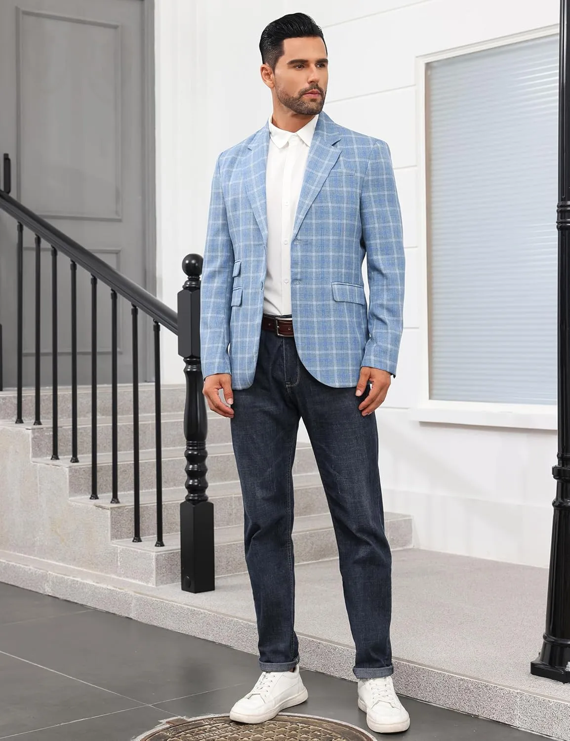 Mens Casual Blazer Suit Jacket Slim Fit Two Button Plaid Blazer Lightweight Sports Jacket for Daily