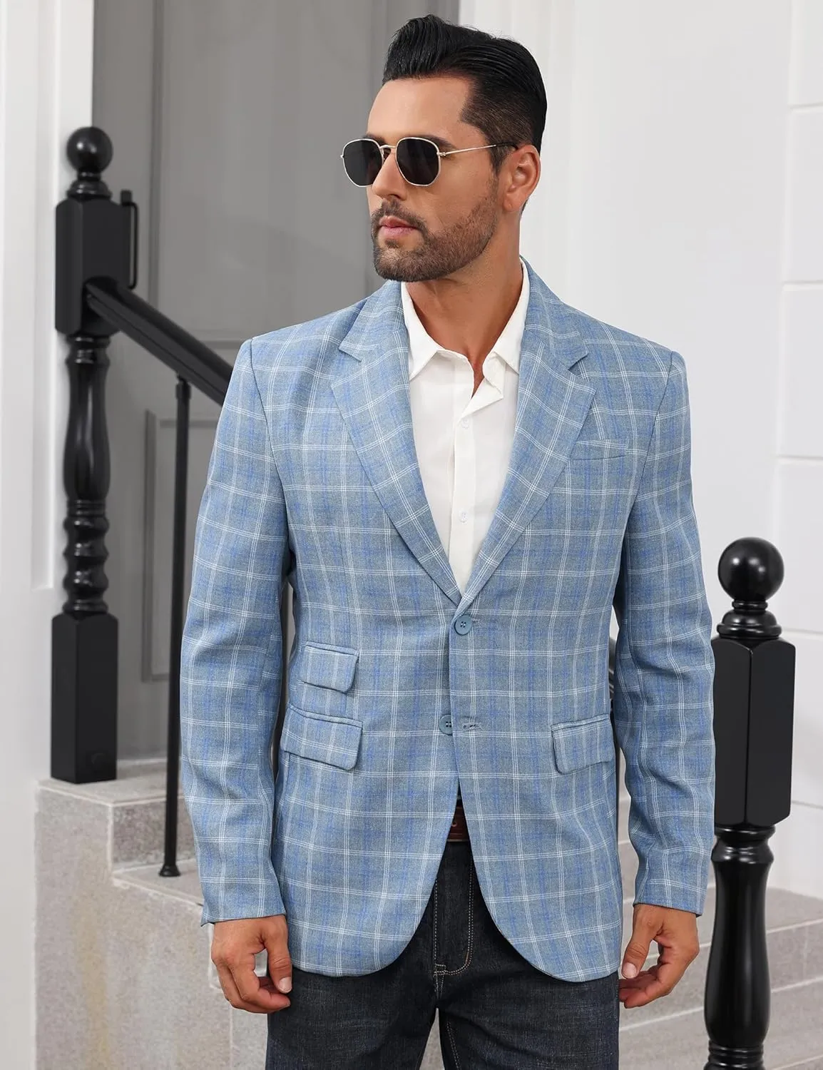 Mens Casual Blazer Suit Jacket Slim Fit Two Button Plaid Blazer Lightweight Sports Jacket for Daily