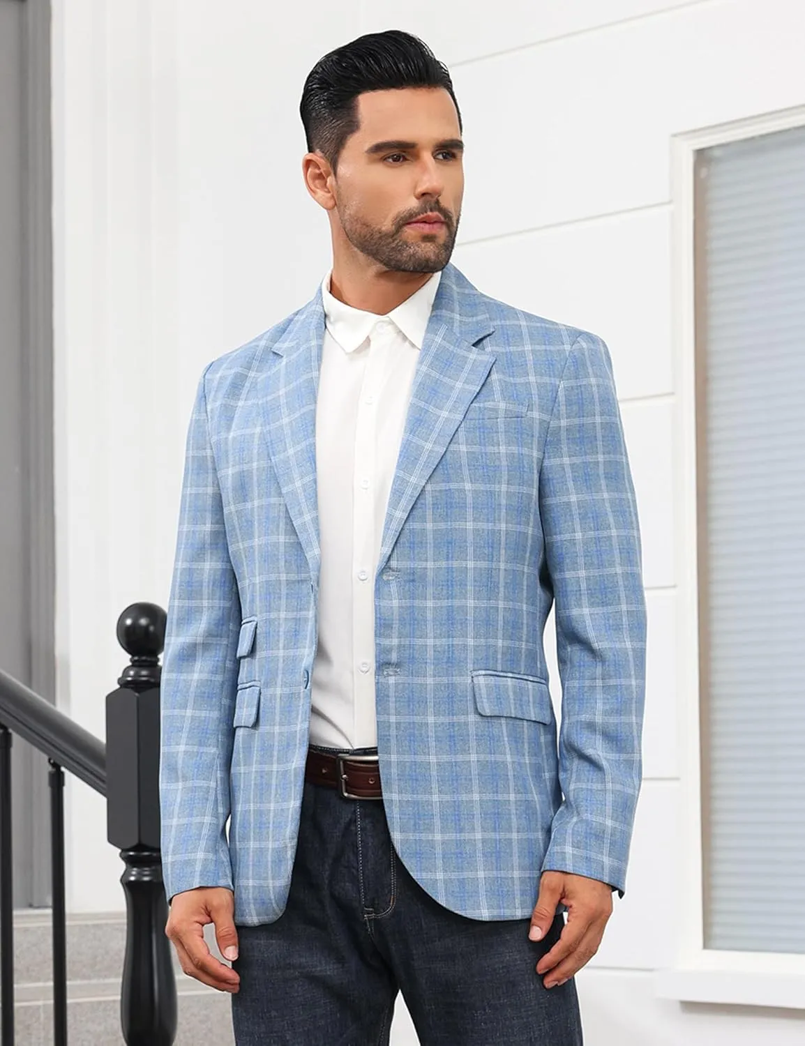 Mens Casual Blazer Suit Jacket Slim Fit Two Button Plaid Blazer Lightweight Sports Jacket for Daily
