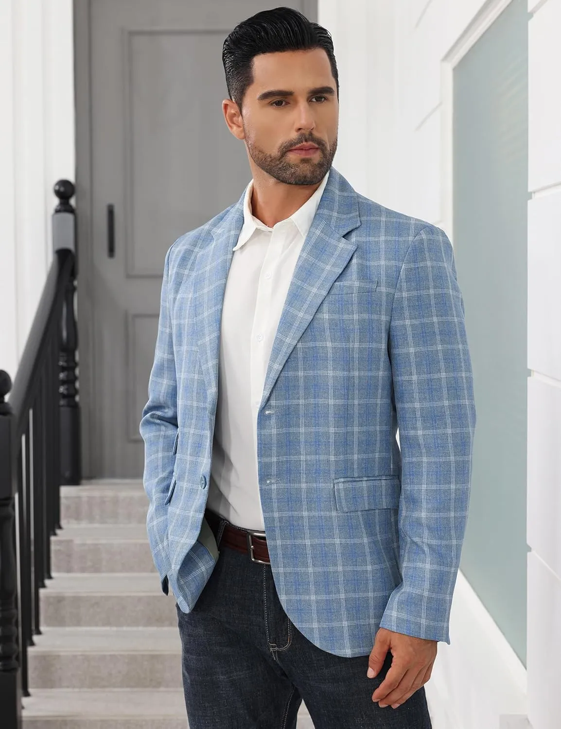 Mens Casual Blazer Suit Jacket Slim Fit Two Button Plaid Blazer Lightweight Sports Jacket for Daily