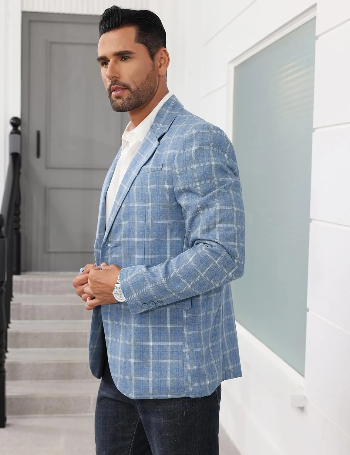 Mens Casual Blazer Suit Jacket Slim Fit Two Button Plaid Blazer Lightweight Sports Jacket for Daily