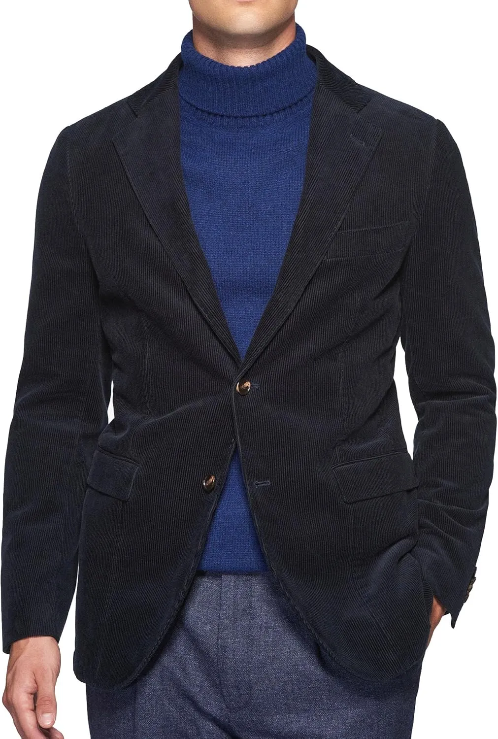 Men's Casual Slim Fit Corduroy Jacket Lightweight 2 Button Blazer Sport Coat Blue