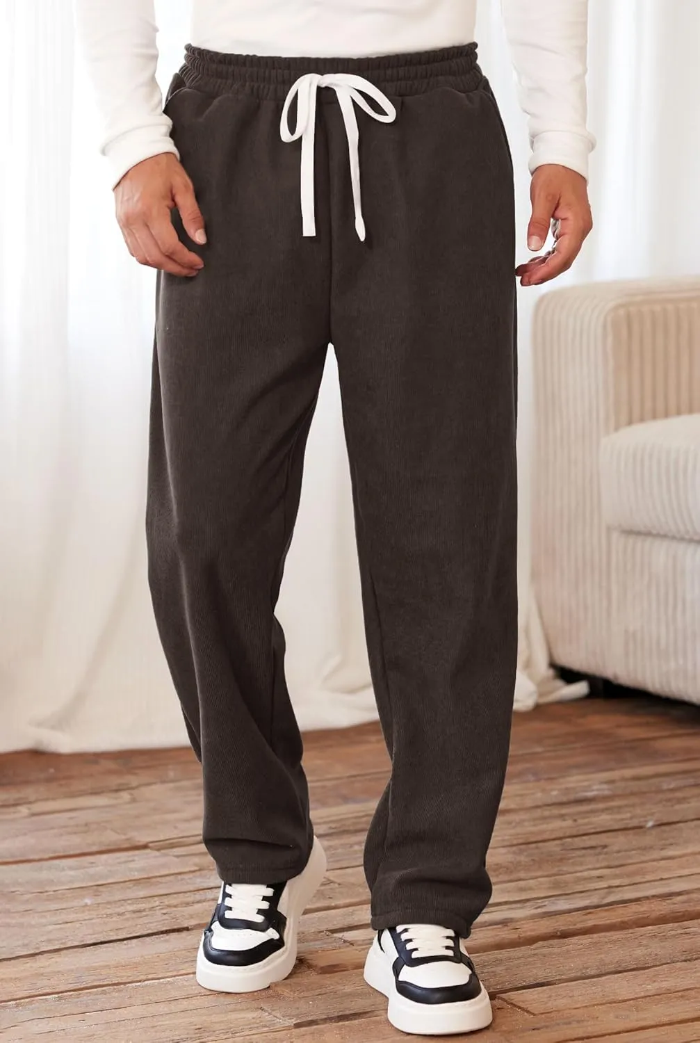Men's Corduroy Sweatpants Casual Sherpa Lined Drawstring Warm Pant with Pockets (S-2XL)